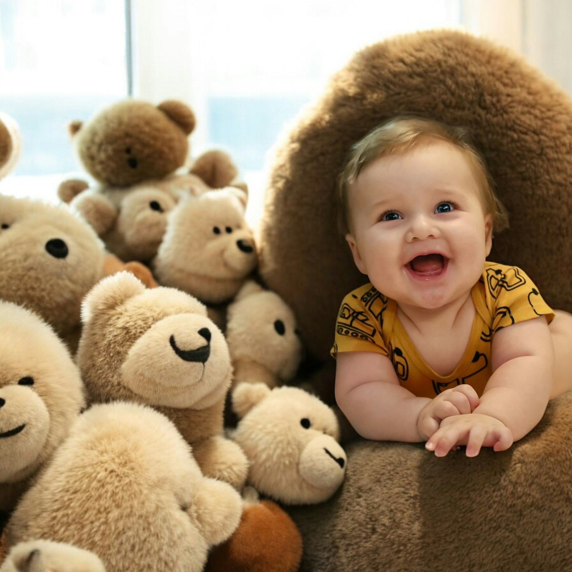 A baby sitting in a pile of teddy bears